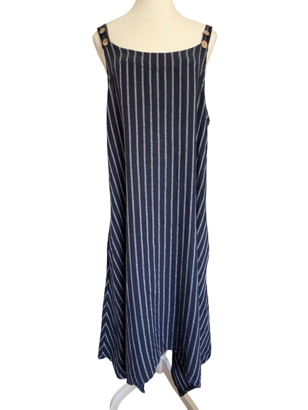 Italian Linen Blue/White Button Overall Oversized Lounge Summer Midi Dress-Sz-M